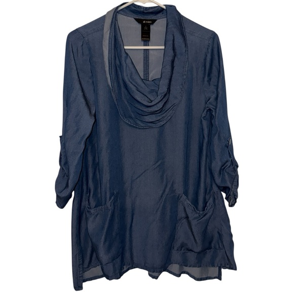 Ali Miles Cowl Neck Denim Tunic Top Small Soft Tencel Pockets Draped Boho Chic - Picture 1 of 6